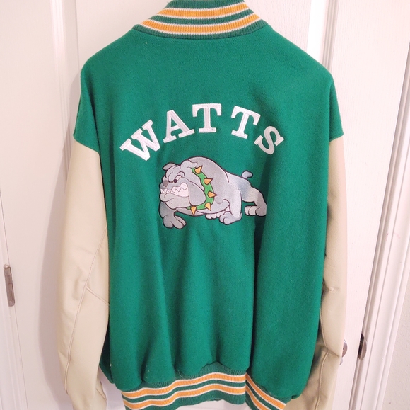 Vintage Letterman's Green And Yellow White Leather Sleeves Watts Bulldog L G USA
